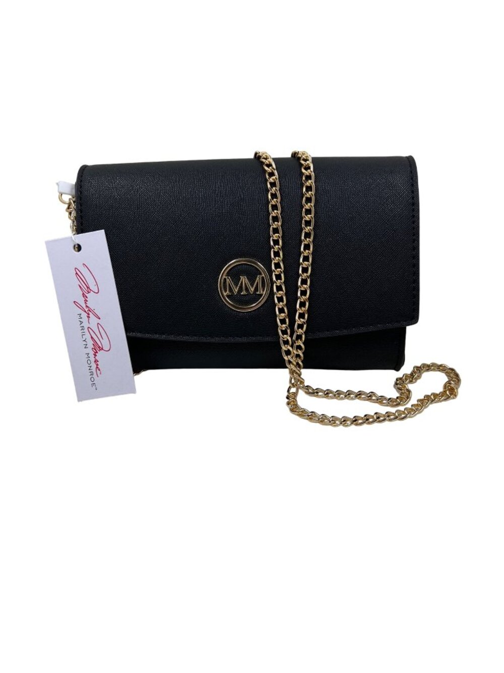 Marilyn Monroe Black Clutch Purse with Gold Crossbody Chain Strap, Red Interior